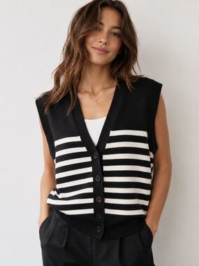 Black White Striped Oversized Button Front Sweater Vest